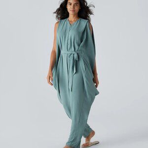 Halara V-Neck Button Belted Side Pocket Draped Oversize Linen-Feel Jumpsuit